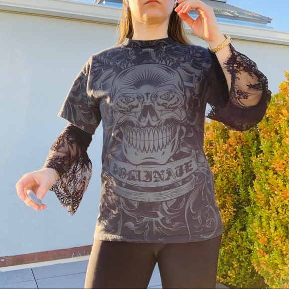 Converse Scull Bones Tattoo Print Black Graphic T-Shirt unisex - Picture 14 of 16